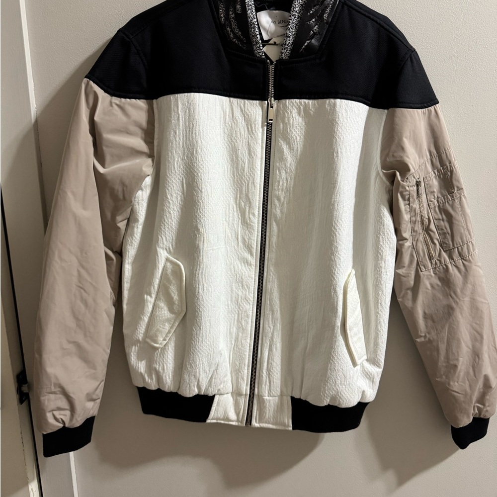 Men's Modern Black, White, and Tan Bomber Jacket